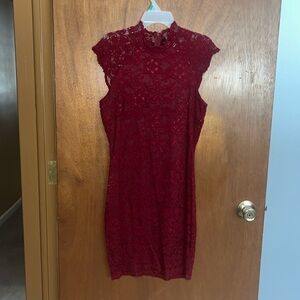 Windsor red lace, high neck midi dress